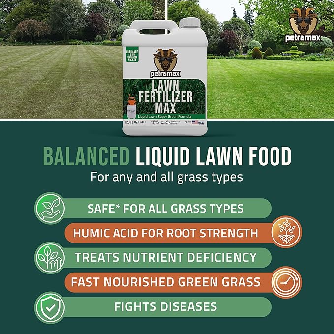 PetraMax Liquid Lawn Fertilizer for Lawns Concentrate - Liquid Fertilizer for Lawns Food for Grass - 16-4-8 High Nitrogen Lush Green Grass Phosphorus for Strong Roots - Apply Spring &amp Summer (1