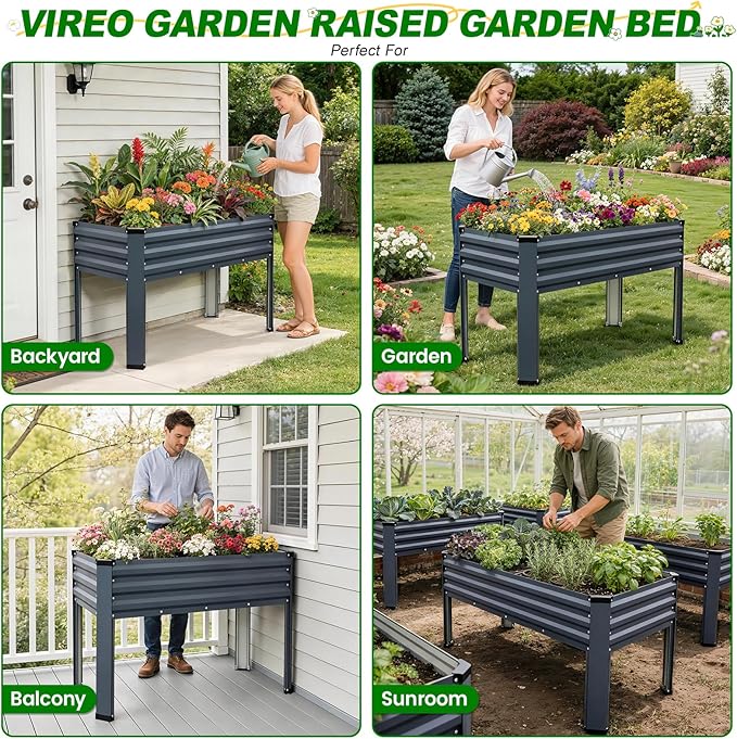 Galvanized Raised Garden Bed with Legs 2 Pack 48x24x32in Elevated Raised Garden Bed Outdoor with Drainage Holes Planter Boxes for Gardening Vegetable Flower Fruit in Backyard Patio Balcony (Grey)