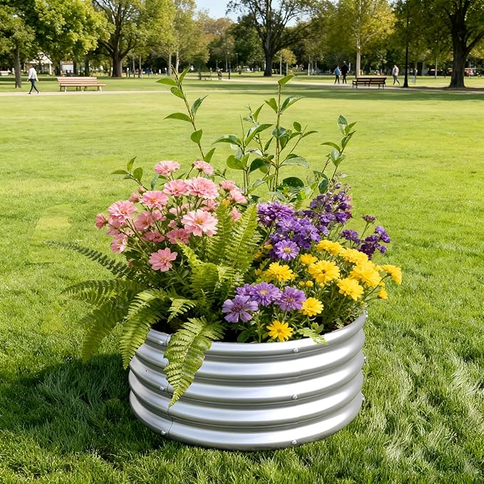 2x2x1ft(2 Pack) Galvanized Round Raised Garden BedOutdoor Planter Box Metal Patio Kit Planting Bed for Vegetables Flowers HerbSilver