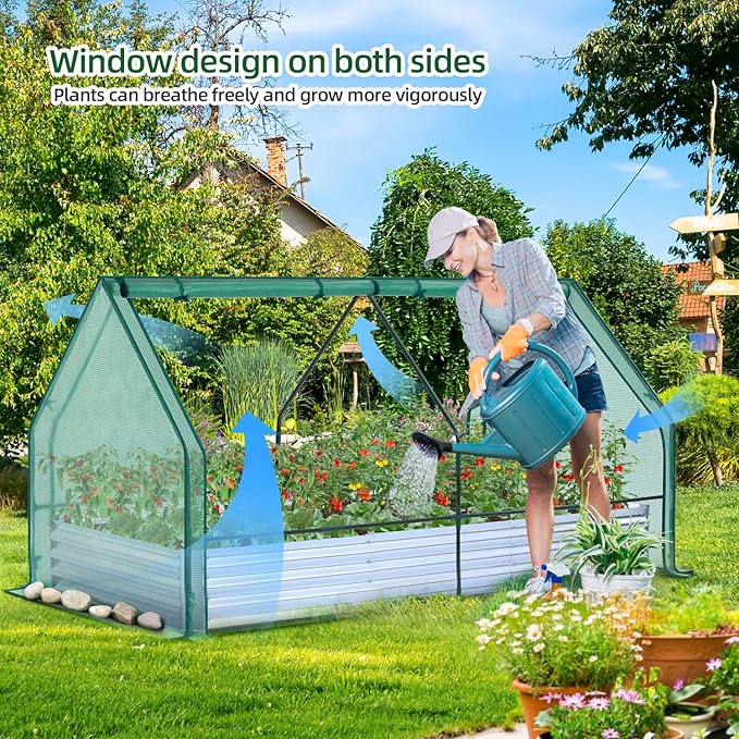 Ohuhu Raised Garden Bed with Greenhouse Cover 8x4x1 FT Galvanized Metal Planter Box Outdoor with PE Cover 4 Doors for Ventilation 3-in-1 Gardening Set for Vegetable Flower Herb Succulent