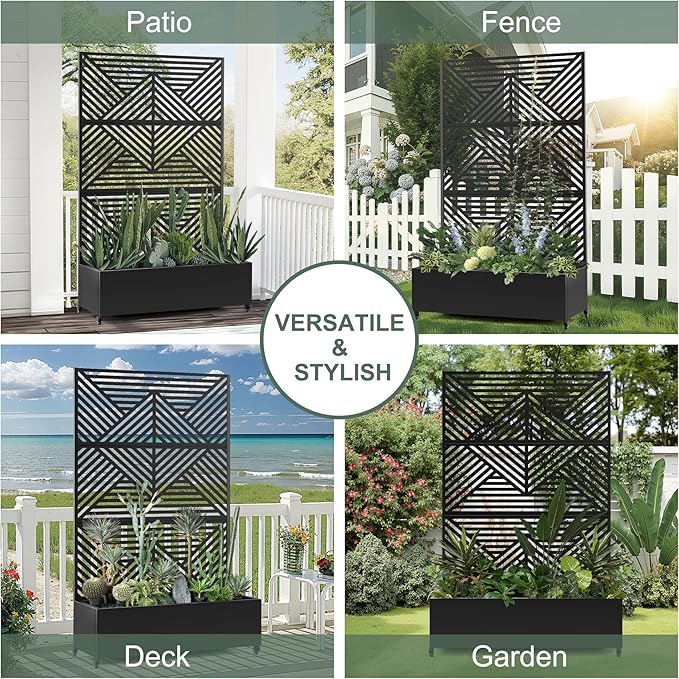 Standing Metal Planter Box with Trellis and Wheels for Climbing Plants Raised Garden Beds with Drainage Holes 47 L×16 W×71 H Privacy Boxes with Trellis (Black Zodiac)