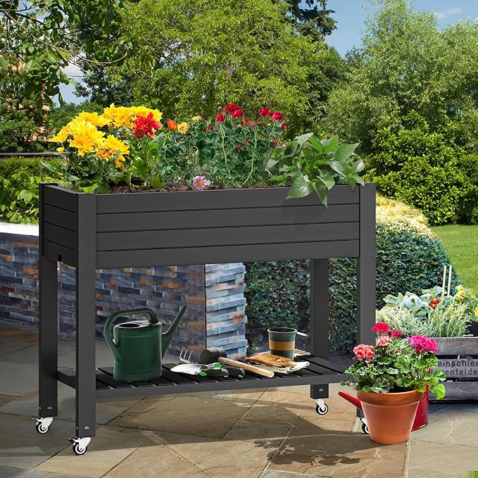 YITAHOME 43.3x17.7x34 in Elevated Garden Bed 2pcs Outdoor Plastic Planter Box with Wheels Legs Drain Plug and Storage Shelf for Plants Vegetables Flowers Herbs Black