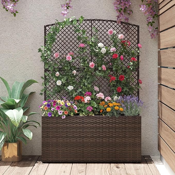 Byroce Raised Garden Bed PE Rattan Planter Box with Lattice Trellis Liner &amp Drainage Outdoor Standing Privacy Planter for Patio Balcony Climbing Plants &amp Hanging Flower (1 Brown 40” x 11”