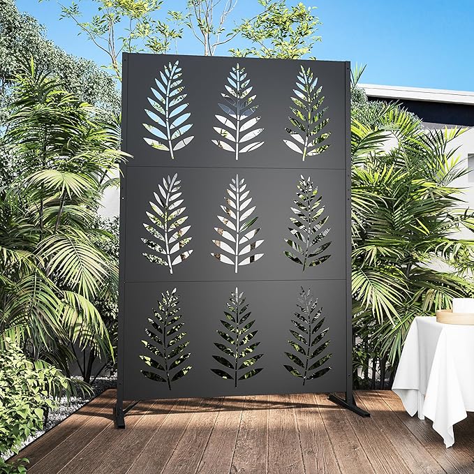 Modern Shade 4x6 FT Metal Privacy Screen with Artistic Modular Designs Decorative Patio Privacy Fence &amp Garden Divider Freestanding Outdoor Metal Fence Panel Weather-Resistant (Tropic Rows)