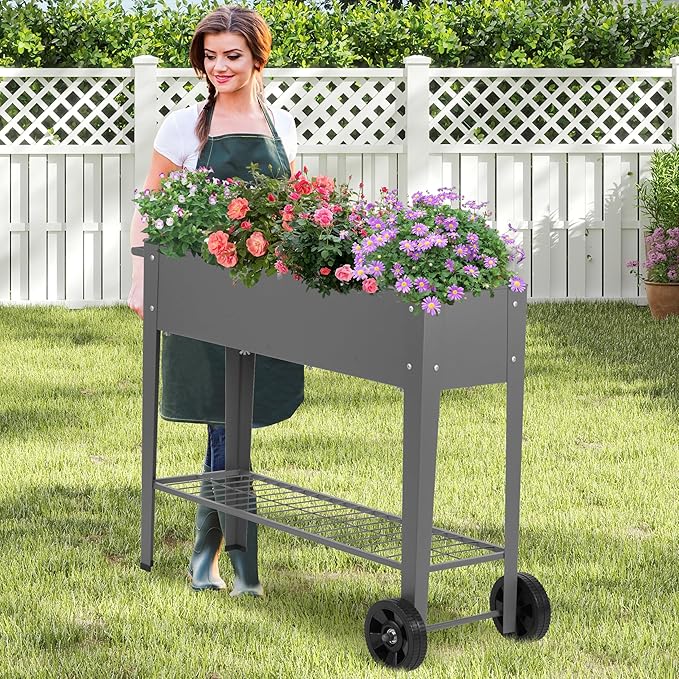 DDK Outdoor Heavy Duty Metal Raised Garden Bed with Legs (Dark Gray)