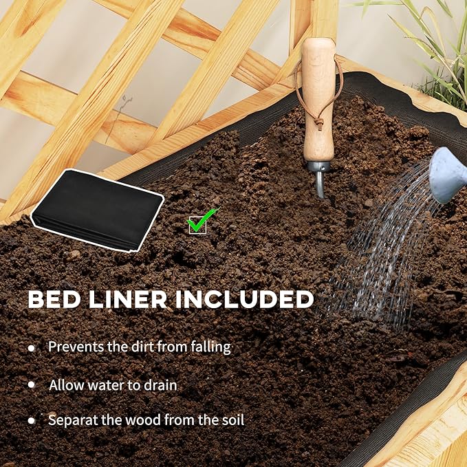 Wooden PlanterRaised Garden Bedwith Trellis Hanging Roof Plant Shelf Drainage Holes and Bed Liner