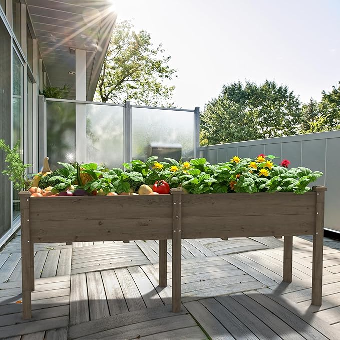 72x23x30in Outdoor Raised Garden Bed with Legs Elevated Wood Planted Box with Divider Panel &amp Drainage Hole Ideal for Deep Rooted Vegetables Flowers Herbs Backyard and Patio Brown