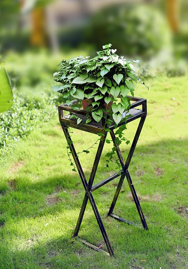 35.5 Gray Stone Slab Black Gold Metal Plant Stand