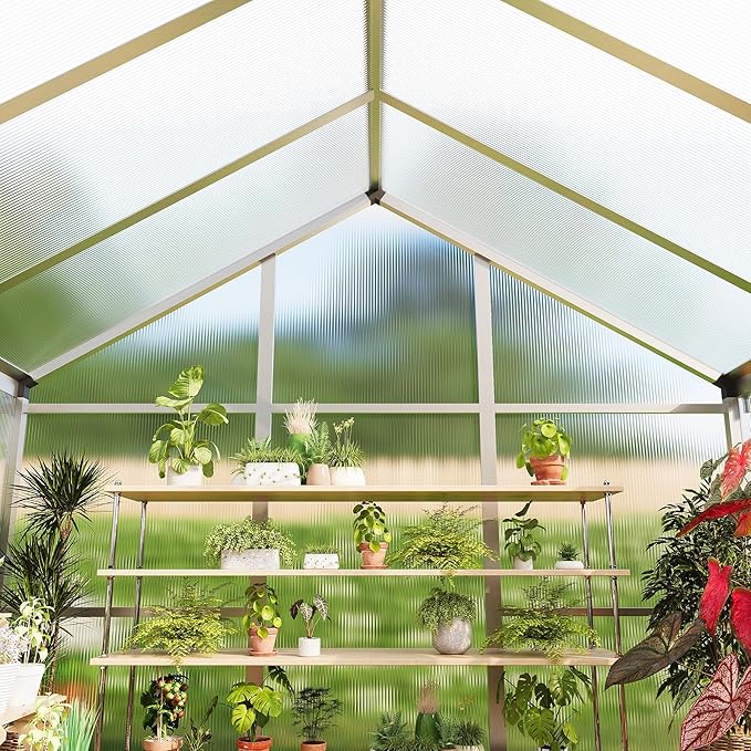 8x12 FT Greenhouse Greenhouses for Outside Polycarbonate Greenhouse with Aluminum Frame Lockable Door and Ajustable Roof Vent for Backyard Green Houses for Outside Garden Backyard Patio