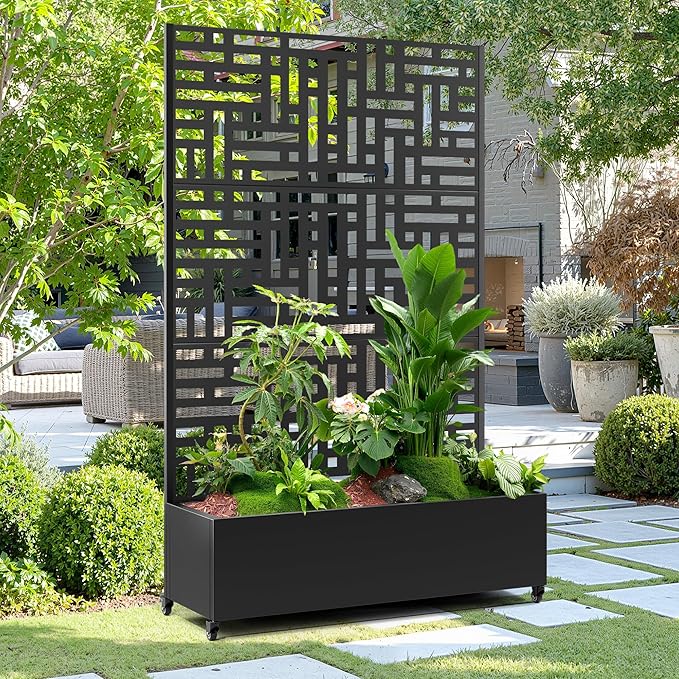 Metal Trellis Planter Box for Patio Large Raised Garden Bed with Trellis and Wheels Outdoor Privacy Planters for Climbing Plants Features Drainage Holes and Privacy Screen (47 L Black Helen)