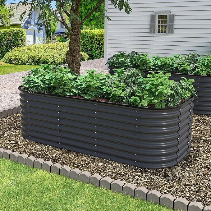 6ftx3ftx2ft Raised Garden Bed Outdoor for Vegetables 9-in-1 Galvanized Metal Planter Box with 2 Aluminum Support Rods 24''H Modular Garden Bed Kit Oval for Herbs and Flowers Gray