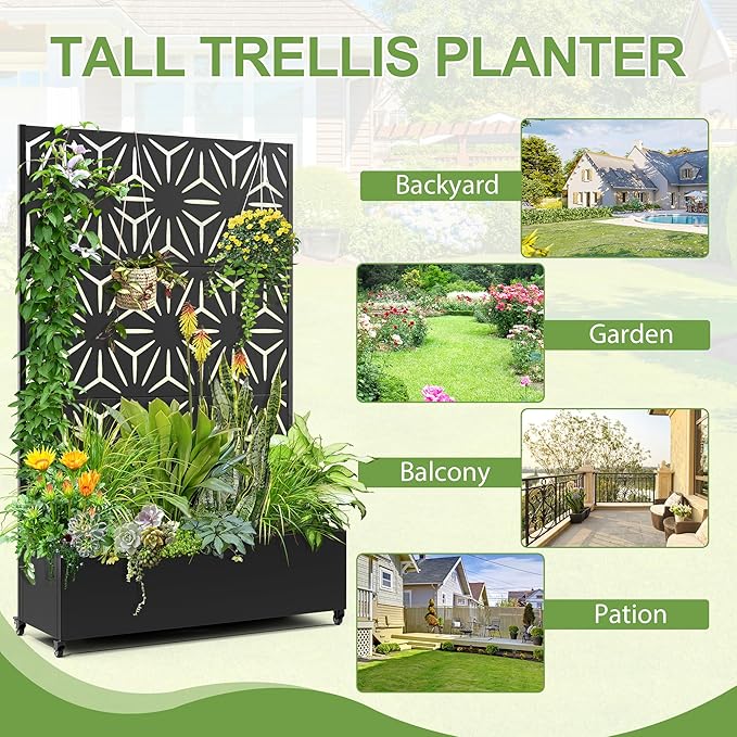 Raised Garden Bed with Trellis and Wheels73x47x16 Metal Raised Garden BedBlack Star Metal Planter with Climbing Trellis for Vines &amp Vegetables