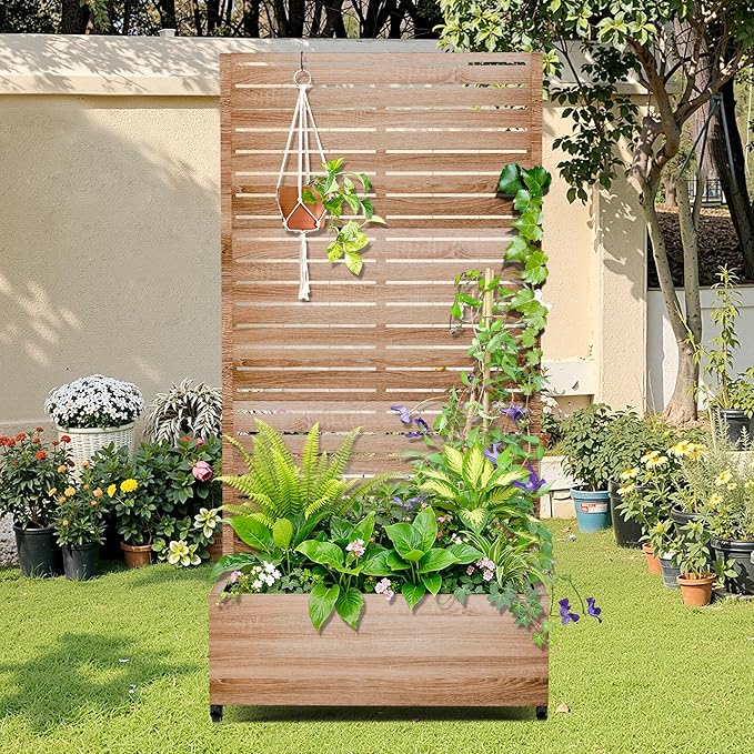 Metal Raised Garden Bed with Trellis 2-in-1 Planter Box &amp Privacy Screen for Climbing Plants Outdoor Standing Flower Bed with Drainage Holes 35.4 L x 15.7 W x 70.1 H Cut Oak Grain