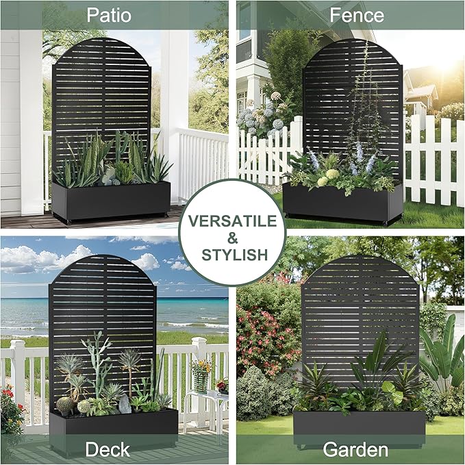 Metal Planter Box with Trellis for Climbing Plants Vegetables Raised Garden Beds with Privacy Screen &amp Wheels Standing Flower Box with Drainage Holes (47 L Black Arch)