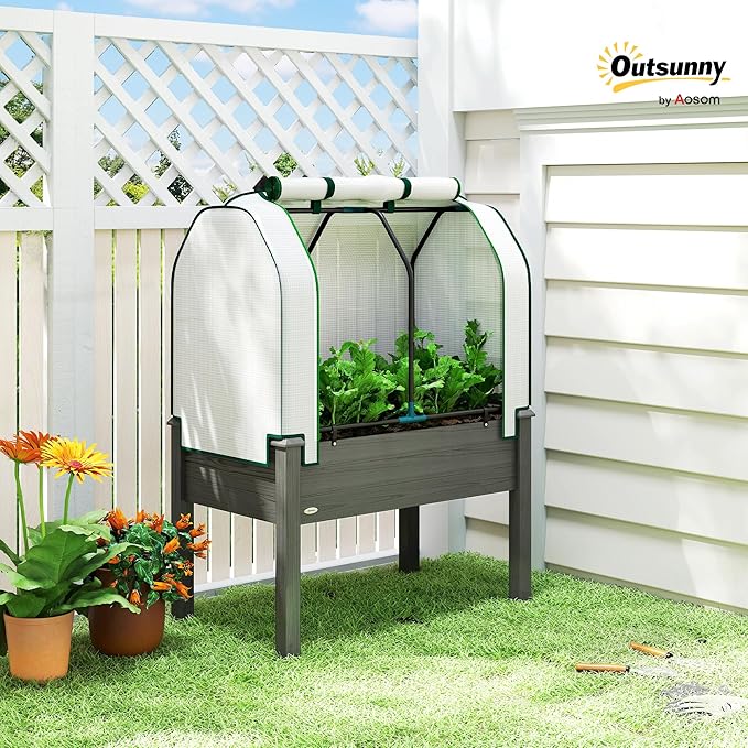 Outsunny Raised Garden Bed with PE Greenhouse Cover Outdoor Elevated Wood Planter Box for Herbs and Vegetables Use for Patio Backyard Balcony 35 x 22 x 47 inch Dark Gray