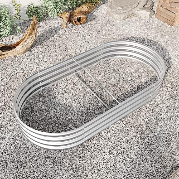 Generic Raised Garden Bed Outdoor Oval Large Metal Raised Planter Bed for for Plants Vegetables and Flowers Silver