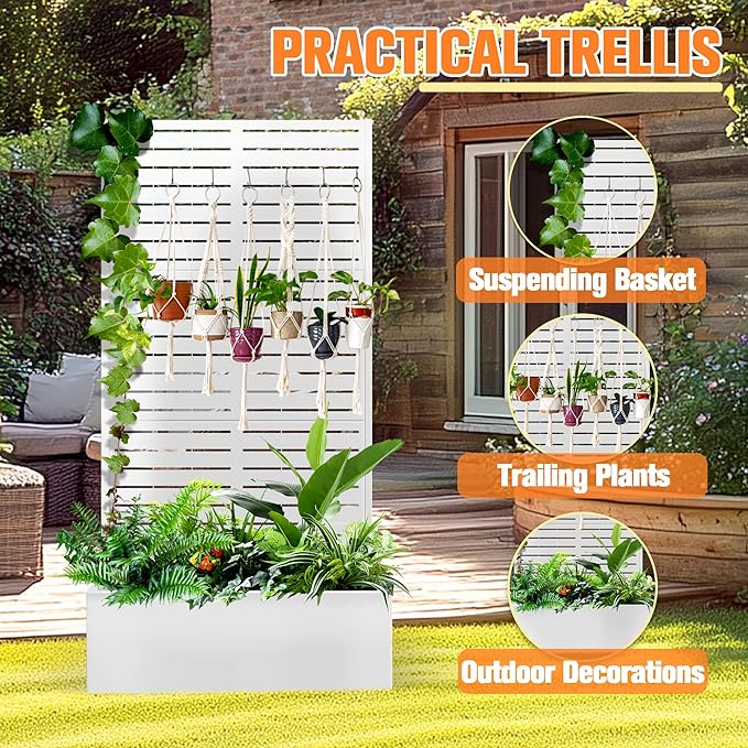 Metal Planter Box with Trellis Raised Garder Bed with Drainage Hole Privacy Screen &amp Trellis for Climbing Plants Outdoor Plant Stands 35''L×16''W×71''H White