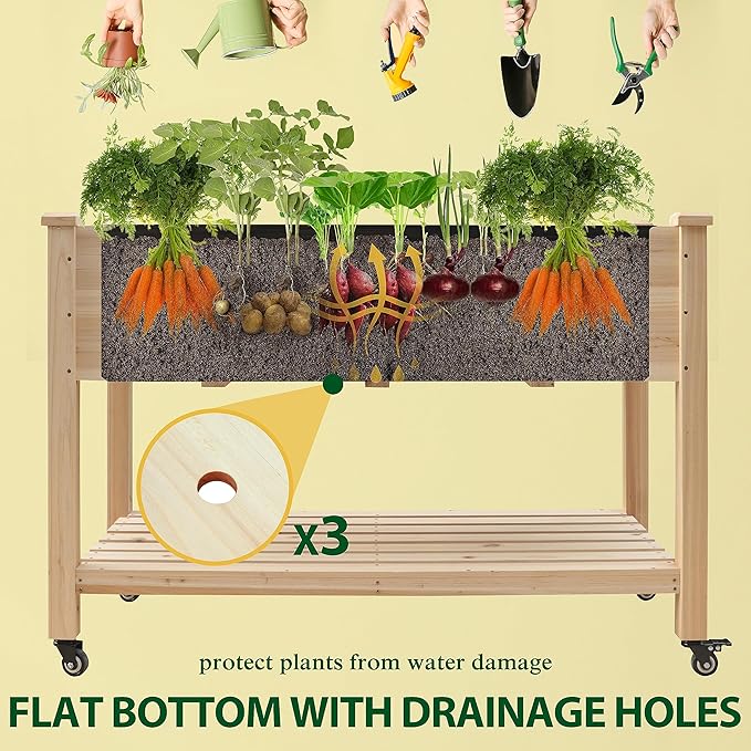 MUPATER Raised Garden Bed Planter Box with Four Wheels and Legs for Herbs and Vegetables Elevated Garden Bed with Drainage Holes for Outdoor Indoor