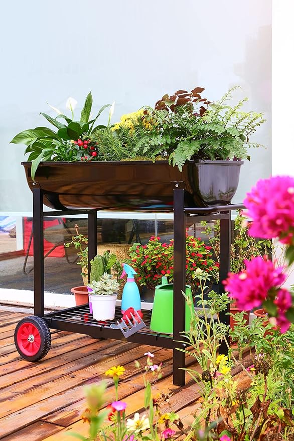 Aveyas Metal Raised Planter Box on Wheels with Gardening Kit Elevated Mobile Garden Bed Cart with Legs -Compatible with Indoor &amp Outdoor Patio Backyard Planting of Vegetables Herbs Flowers