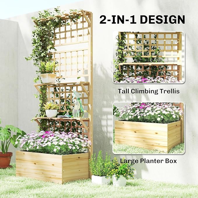 Outsunny Wooden Raised Garden Bed with Trellis and Roof Elevated Outdoor Planter Box with 2 Shelves Drainage Hole and Liner for Climbing Plants Vegetables Flowers Natural