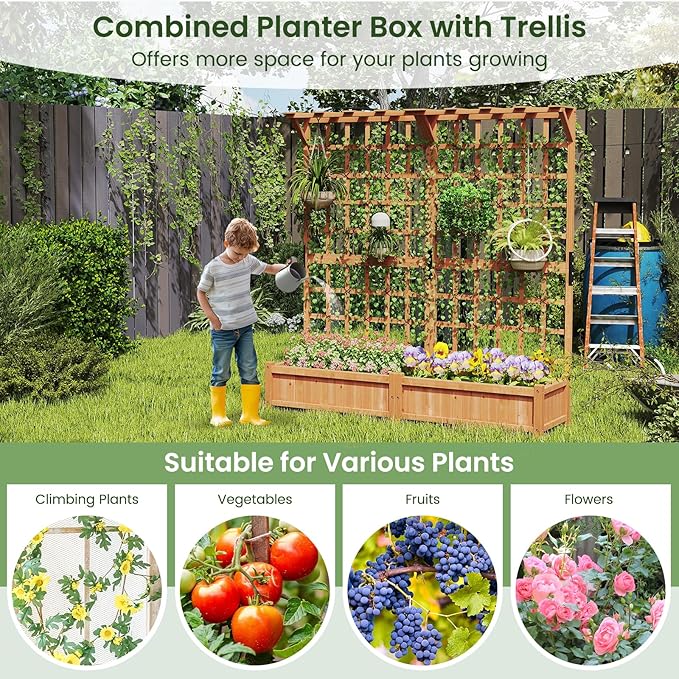 Large Raised Garden Bed with Trellis 72 Wood Planter w/Lattice Panels Hanging Roofs &amp Drainage Holes Freestanding Planter Box for Climbing Plant Flower Vine Outdoor Yard Balcony Porch