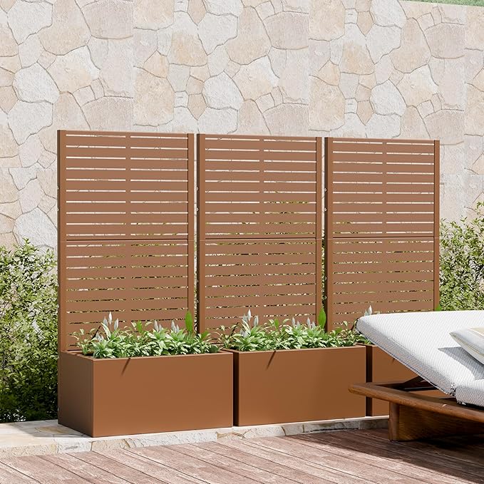 Casaphoria Metal Raised Garden Bed with Trellis 59x30x12 Planter Box for Climbing Plants Vegetables &amp Vines Features Drainage Holes and Privacy Screen (Black-Louvered)