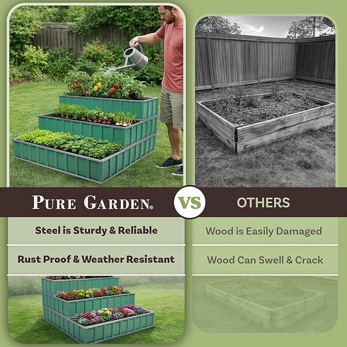 Pure Garden 3 Tier Metal Raised Garden Bed - 45” x 45” x 24” Galvanized Steel Above Ground Planters for Vegetable Garden Flowers and Herbs - Stackable Planter Raised Beds for Gardening (Green)