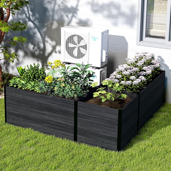 Modular Raised Garden Bed - Expandable Design with Composite Panels &amp Aluminum Frame - Perfect for Flowers Vegetables Herbs - Outdoor Planter Cuboid Box for Patio Balcony Backyard (Black)