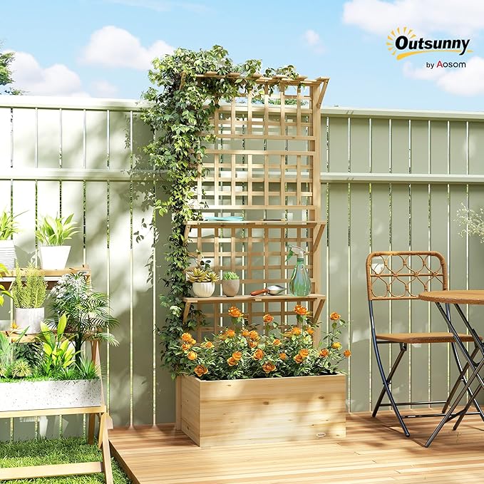 Outsunny Wooden Raised Garden Bed with Trellis and Roof Elevated Outdoor Planter Box with 2 Shelves Drainage Hole and Liner for Climbing Plants Vegetables Flowers Natural