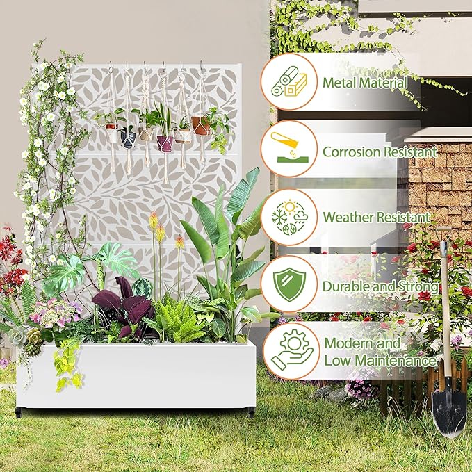 Raised Garden Bed with Trellis and Wheels73x47x16 Metal Raised Garden BedWhite Flowing Leaf-2 Metal Planter with Climbing Trellis for Vines &amp Vegetables