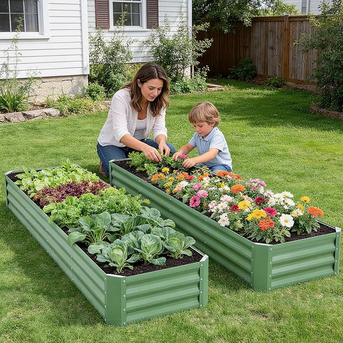 INNO STAGE 8×2×1ft Galvanized Raised Garden Bed Kit Galvanized Planter Raised Garden Boxes Outdoor Large Metal Raised Garden Beds for Vegetables Flowers Herbs and Succulents OliverGreen