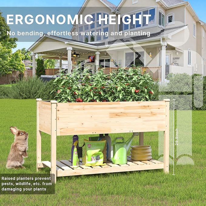 Gotland Raised Garden Bed with Legs Raised Beds for Gardening with Storage Shelf Bed Liner Drainage Holes Wooden Planter Raised Beds Raised Planter Box for Backyard Patio Balcony Natural