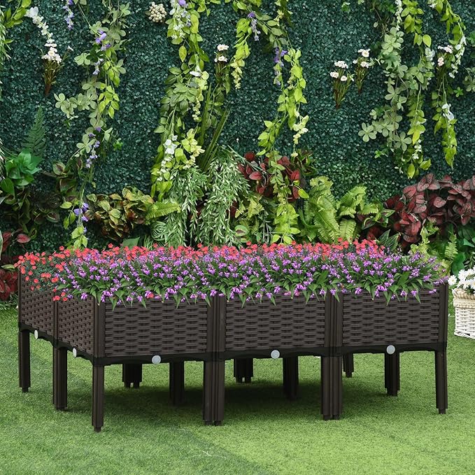 6-Piece Raised Garden Bed Kit – Self-Watering Weather-Resistant Outdoor Planter Boxes with Drainage for Flowers Vegetables 110 Lbs Capacity Suitable for Garden and Other Scenarios