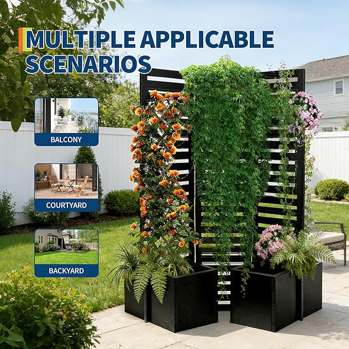 GarveeLife 52x70x28 Inch Privacy Screen with Planter Box Metal Garden Fence Panel 3-Panel Freestanding Outdoor Room Divider with 4 Self-Draining Raised Garden Beds for Patio Deck Yard