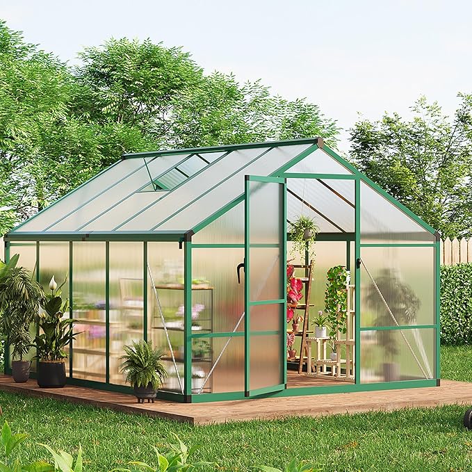 8x10 FT Greenhouse Greenhouses for Outside Polycarbonate Greenhouse with Aluminum Frame Lockable Door and Ajustable Roof Vent for Backyard Green Houses for Outside Garden Backyard Patio