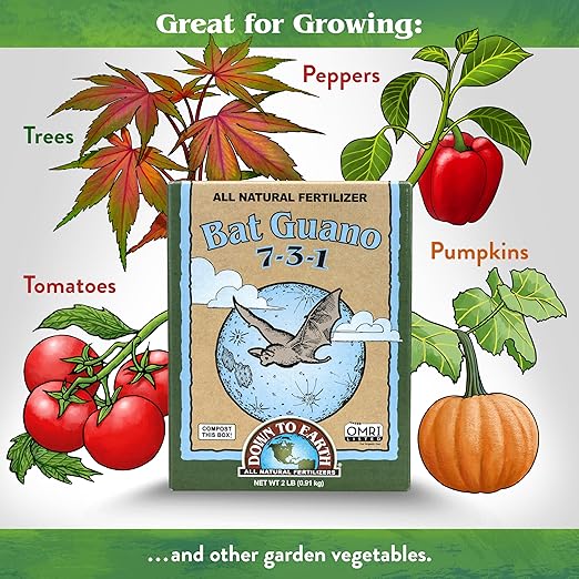 Down To Earth All Natural Fertilizers Organic Bat Guano - High Nitrogen Plant Food for Vegetative Growth 7-3-1 2 lb