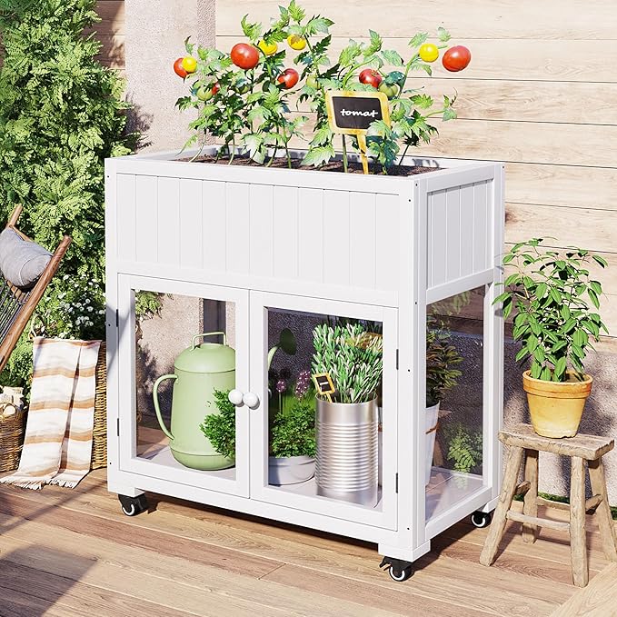 Patio 35.4''x17.7''x37.4'' Wood Cold Frame Compact 2 Doors GGreenhouse with Wheels Raised Bed with Liner for Indoor Outdoor Use White