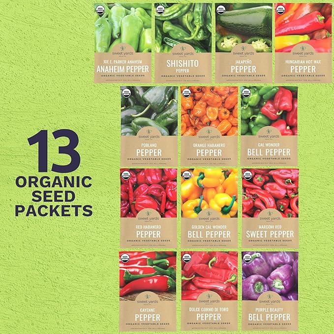Organic Pepper Seeds (Sweet and Hot) Variety Pack - 13 Individual Packs - 2026 Season - Cayenne Orange Habanero Shishito and More! for Indoor &amp Outdoor Planting (Non-GMO Certified Organic)