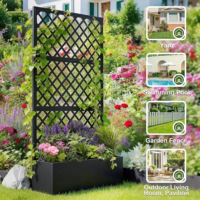 Metal Raised Garden Bed with Trellis Privacy Screen Planter Box for Climbing Plants 40 x 12 x 71 Inches Outdoor Standing Flower Bed with Drainage (Diamond)