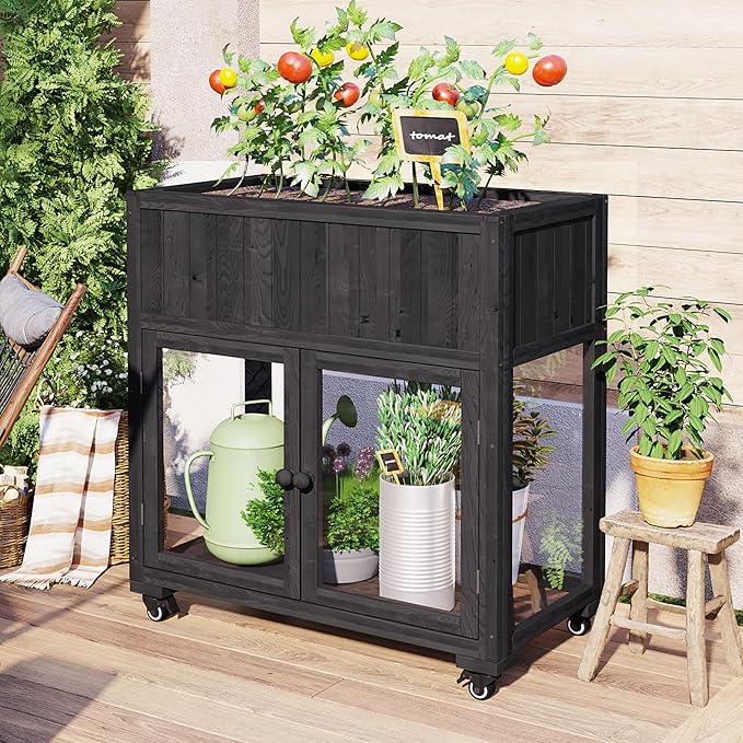 Patio 35.4''x17.7''x37.4'' Wood Cold Frame Compact 2 Doors GGreenhouse with Wheels Raised Bed with Liner for Indoor Outdoor Use Black
