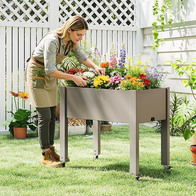 Raised Garden Bed with Legs 26.3 Tall Elevated Planter Box with Drainage Holes Water Gauge Lockable Wheels Weatherproof Resin Design for Vegetables and Flowers for Backyard Patio Balcony(Gray)