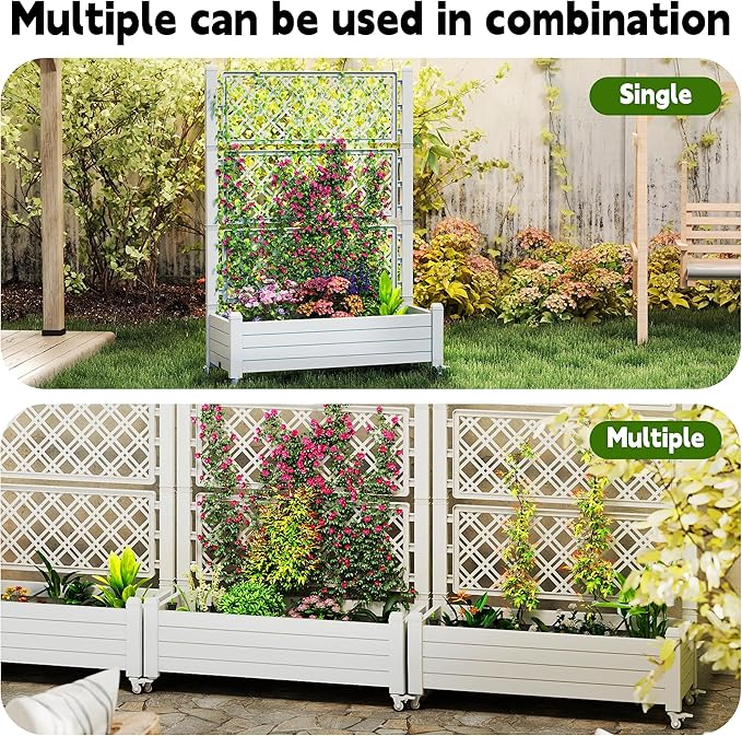 21 Gallon Raised Garden Bed with Trellis Self Watering Raised Planter Box with Wheels Drainage Holes and Gauge for Climbing Plants Vegetables and Flowers Anti-Rust Resin for Backyard Patio