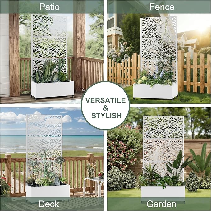 Metal Standing Planter Box with Trellis Privacy Planter for Patio Outdoor Raised Garden Beds with Trellis for Climbing Plants Garden Boxes with Wheels &amp Drainage Holes (35L White Spring)