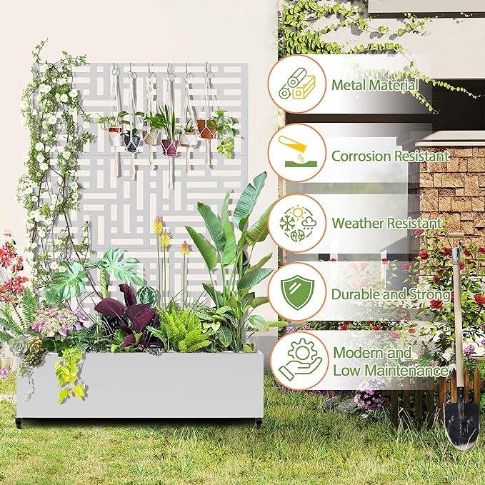 Raised Garden Bed with Trellis and Wheels73x47x16 Metal Raised Garden BedWhite Modern Metal Planter with Climbing Trellis for Vines &amp Vegetables