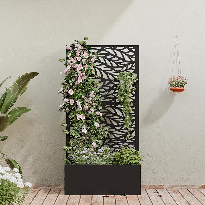 Casaphoria Metal Raised Garden Bed with Trellis 59x30x12 Planter Box for Climbing Plants Vegetables &amp Vines Features Drainage Holes and Privacy Screen (Black-Spring)
