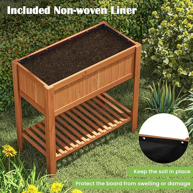 LDAILY Wood Raised Garden Bed 39x20x39in Rectangle Garden Box with Study Legs &amp Storage Shelf Outdoor &amp Indoor Flower Beds Planter Box with Bed Liner for Flowers/Vegetables/Fruits in Yard