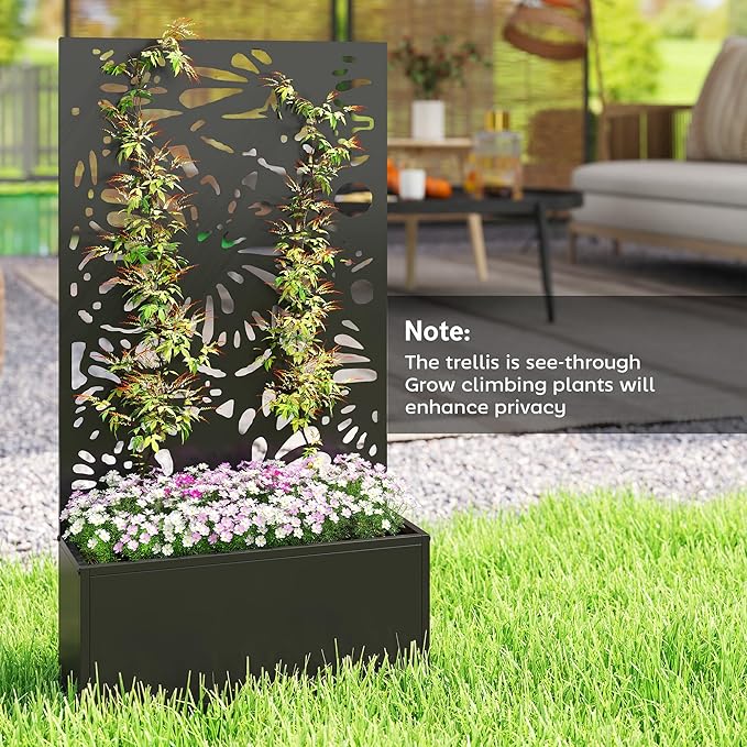 Outsunny Metal Raised Garden Bed with Trellis for Climbing Plants Freestanding or Wall Mounted Flower Bed with Privacy Panel Butterfly Cut-Out Outdoor Planter Box for Garden Patio Balcony