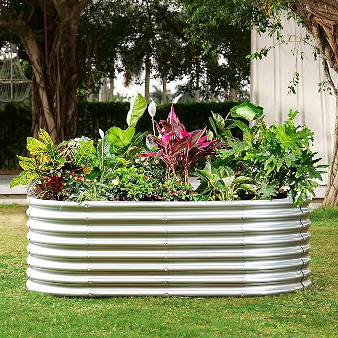 Land Guard 24“ Tall Galvanized Raised Garden Bed Kit Galvanized Planter Garden Boxes Outdoor Oval Large Metal Raised Garden Bed for Vegetables (Classic Silver 4×2×2ft)