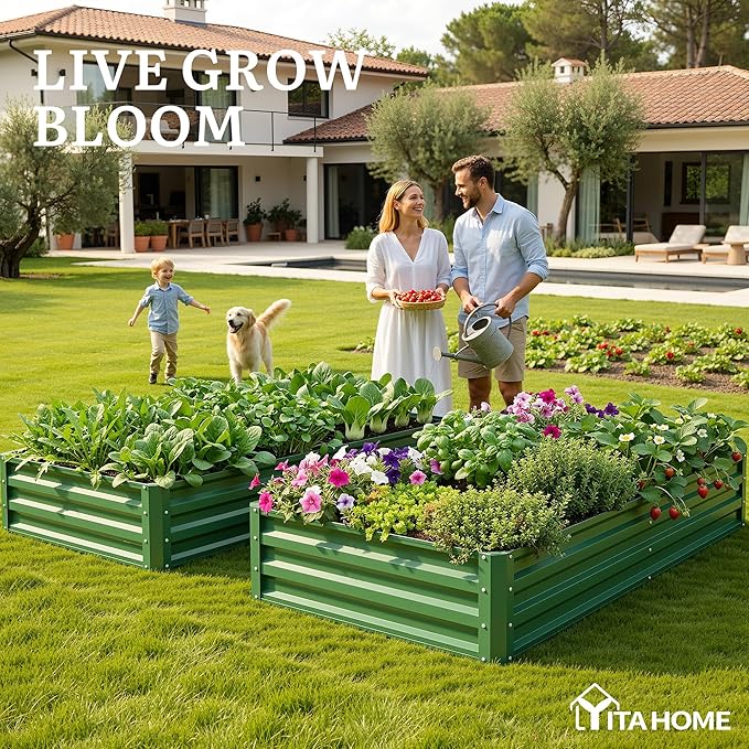 YITAHOME 6x3x1ft 2pcs Large Raised Garden Bed Kit Galvanized Metal Planter Box with Gloves Ground Nails Support Rod Outdoor Above Ground Planters for Plants Vegetables Flowers Green