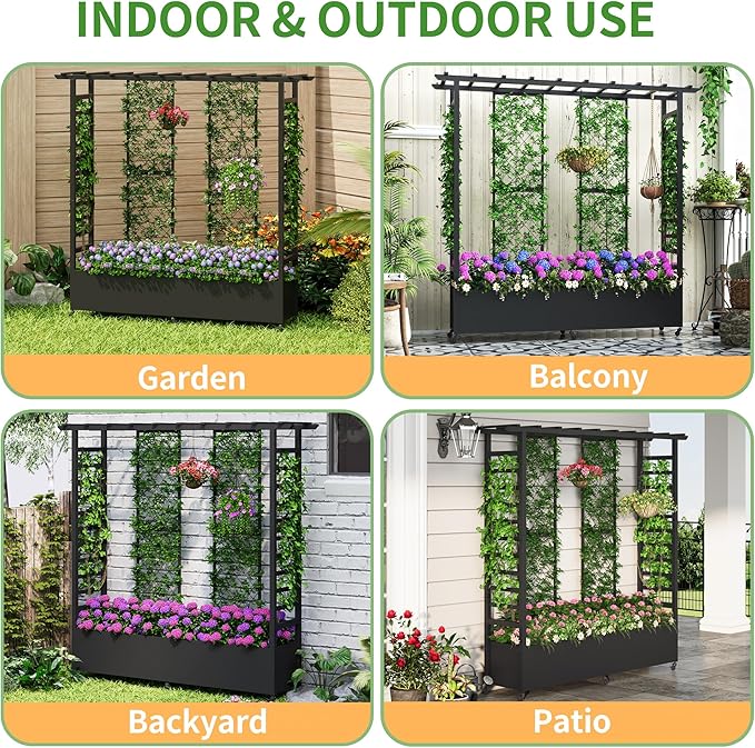 Raised Garden Bed with Trellis &amp Hanging Roof Weatherproof Metal Planter Box with Wheels Garden Arch Trellis for Outdoor Climbing Plants Vines Flowers 74 H x 77 L x 17 W Black